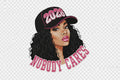 Black sweatshirt with a graphic of a woman wearing a '2026 Nobody Cares' cap.