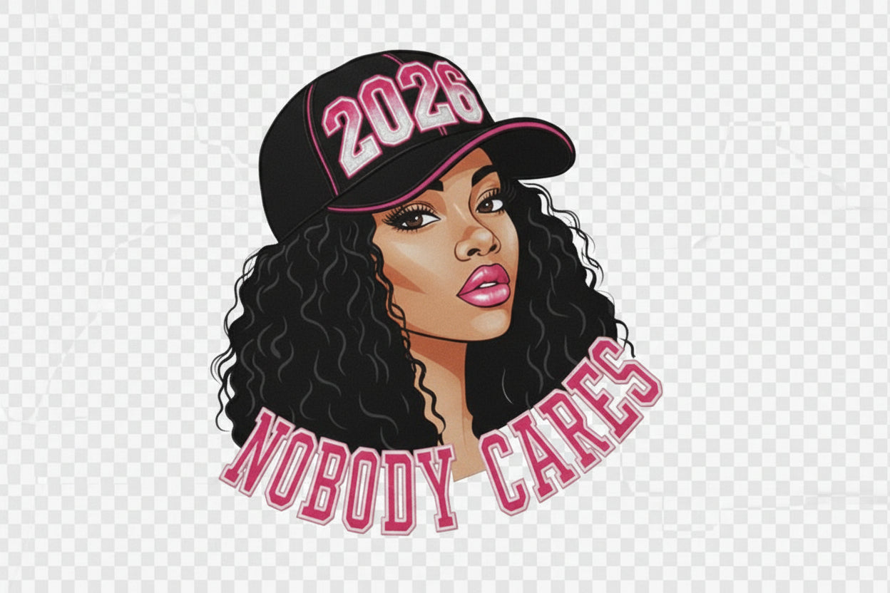 Black sweatshirt with a graphic of a woman wearing a '2026 Nobody Cares' cap.