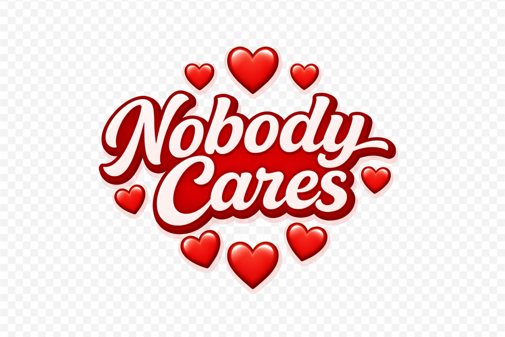 Text 'Nobody Cares' surrounded by red hearts on a light gray background