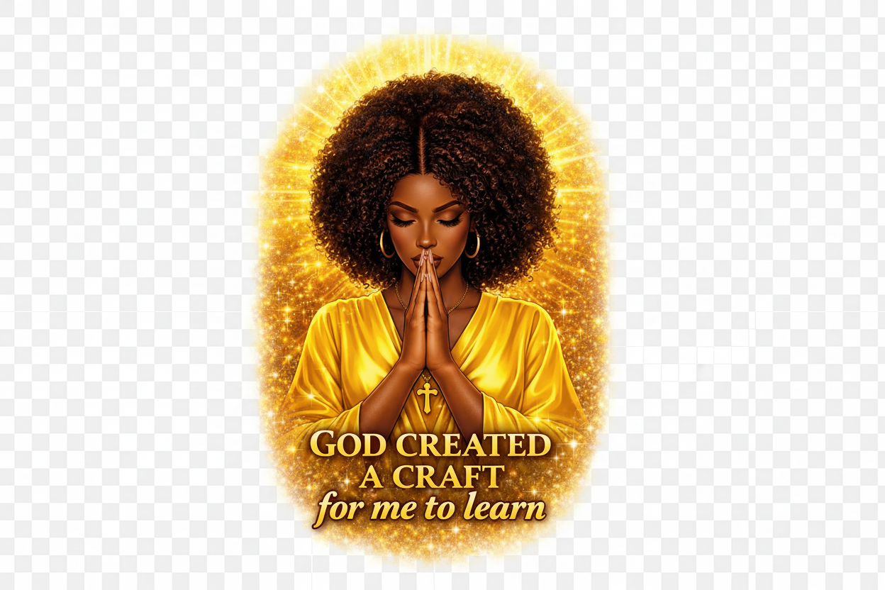 Woman in a yellow outfit with a gold halo, praying, and text 'God Created a Craft for me to Learn' on a white background.