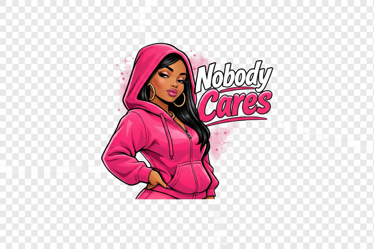 Black hoodie with a graphic of a woman in a pink hoodie and 'Nobody Cares' text.