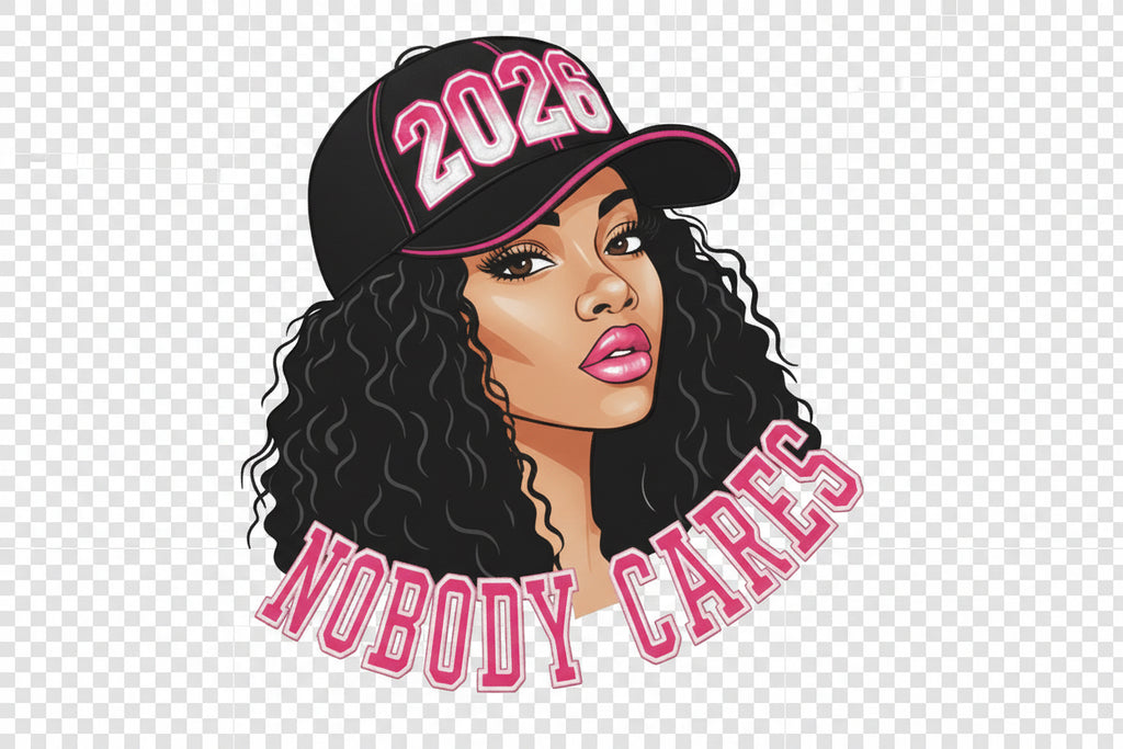 Illustration of a woman wearing a cap with '2026' and 'Nobody Cares' text on a transparent background
