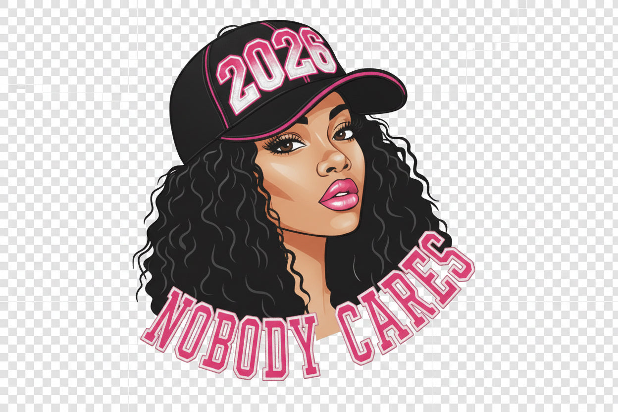 Illustration of a woman wearing a cap with '2026' and 'Nobody Cares' text on a transparent background