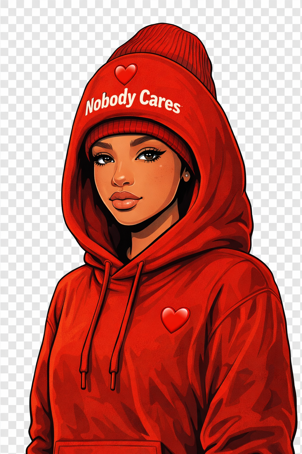 Person wearing a red hoodie and beanie with 'Nobody Cares' text and heart symbols.