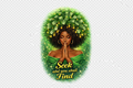 Woman with money in her hair surrounded by greenery with 'Seek and you shall find' text.