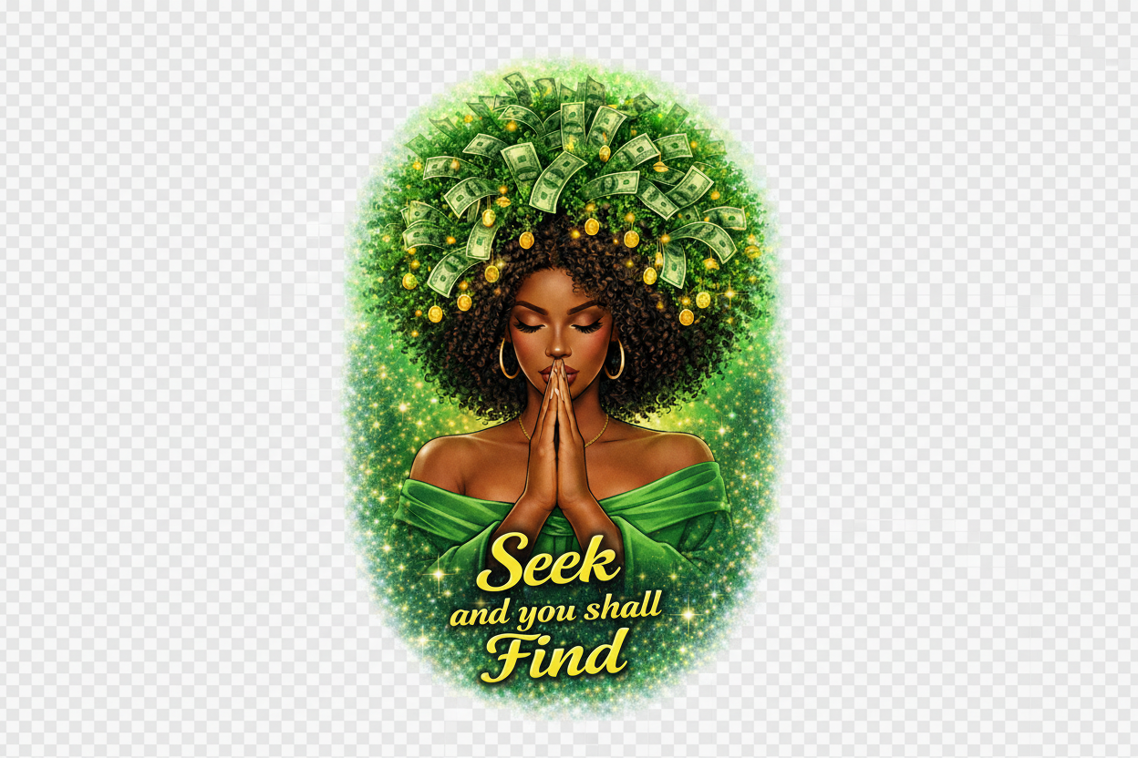 Woman with money in her hair surrounded by greenery with 'Seek and you shall find' text.