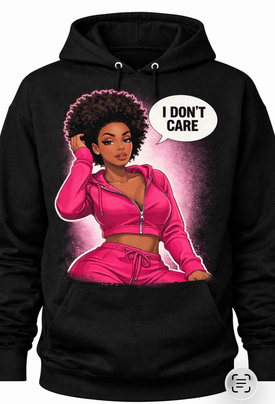 Black hoodie with an illustration of a woman in pink and text 'I Don't Care' on a white background
