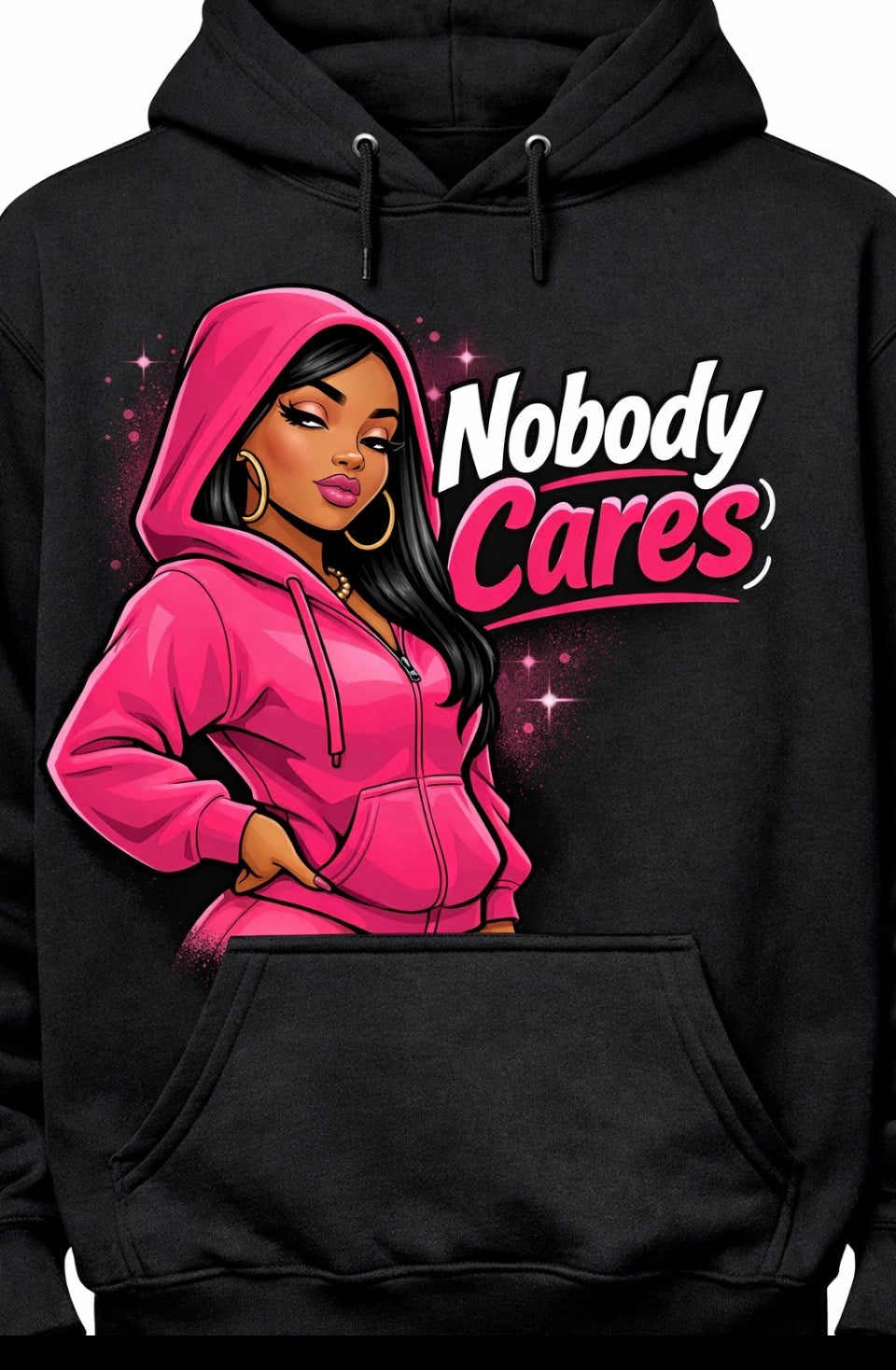 Black hoodie with a graphic of a woman in a pink hoodie and 'Nobody Cares' text.